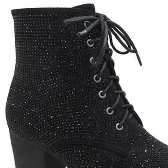 Last Pair! Italina Red Metallic Glitter Rhinestone Embellished Combat Booties - Picture 5 of 6